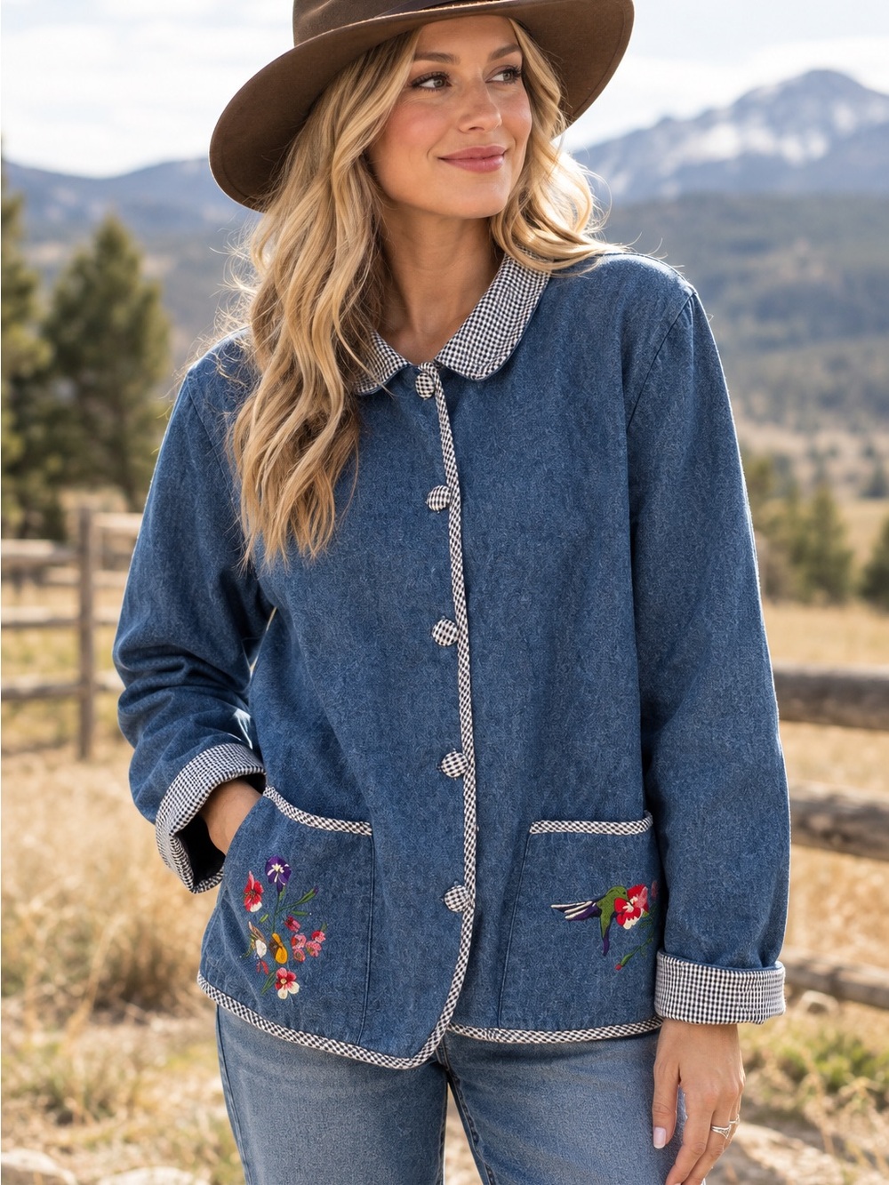 Cottagecore Vintage Women Teddi Embroidered Denim Jacket Gingham Pattern L - XL?